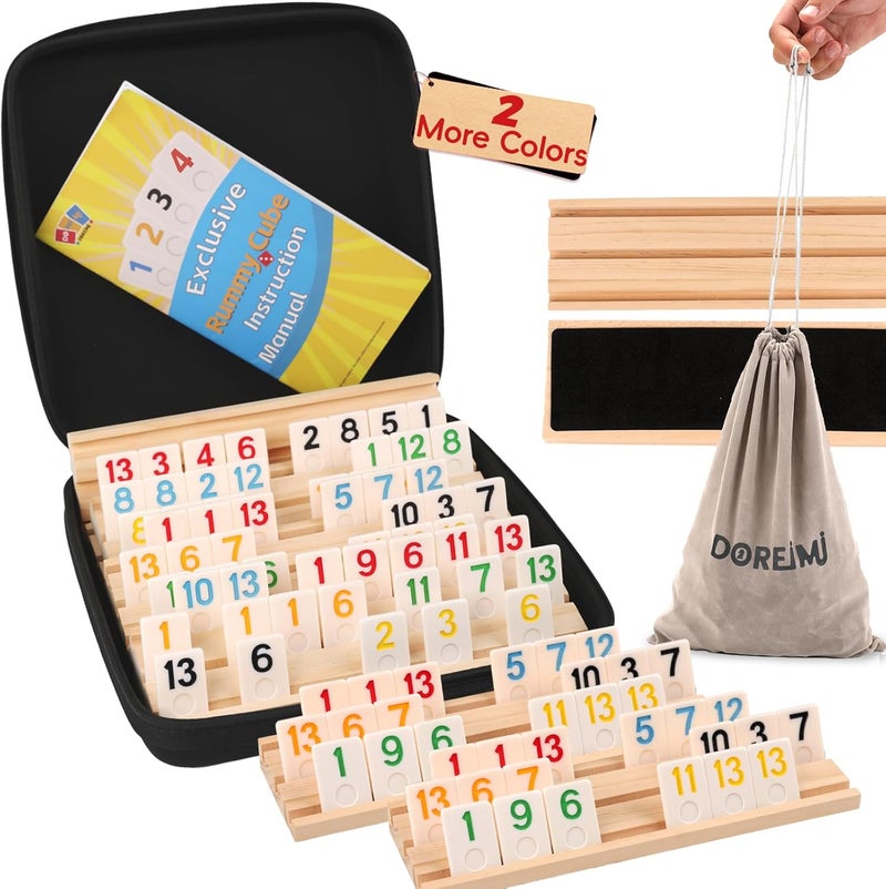 Doreimi Store Deluxe Rummy Cube Game Set 6 Colors with 8 Wooden Racks 162 Rummy Tiles, Travel Family Board Game for Adults and Kids Age 8+,Birthday Gifts for Women Men Dad Mom - Image 1